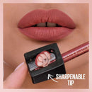 Lipstick with a sharpenable tip on a close-up of lips