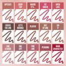 Grid of lipstick swatches with text labels on a pink background Maybelline Lifter Hydrating Longwear Lip Liner 