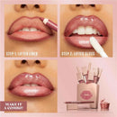 Step-by-step guide on applying lip products with a pink background and lip product packaging. Makeup Warehouse Australia 

