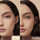 Before and after comparison of a woman's face with a neutral background