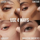 Makeup product being used on a person's face with text indicating 'Cover', 'Contour', 'Highlight', and 'Brightens Undereyes' - Makeup Warehouse Australia 
