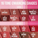 Color swatches with text labels for lipstick shades on a pink background Makeup Warehouse Australia