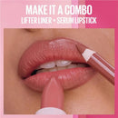 Lipstick application with text 'Make it a combo Lifter Liner + Serum Lipstick' on a pink background Maybelline Moisturising Serum Lipstick