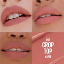 Collage of a person wearing a pink lipstick with close-up shots and a swatch labeled '001 Crop Top Matte'.