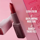 Maybelline lipstick with product features on a pink background Maybelline Moisturising Serum Lipstick