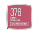 A square cosmetic product package with rounded corners, featuring a pink face with white text that reads '376 PINK FOR ME CREAM/CRÈME' on a white background. Maybelline Color Sensational Made For All Lipstick 376 Pink For Me