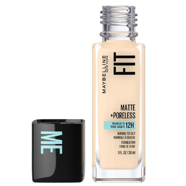 Maybelline Fit Me foundation bottle with black cap on a white background