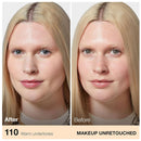 Side-by-side comparison of a woman's face labeled 'After' with warm undertones and 'Before' without makeup retouching.
