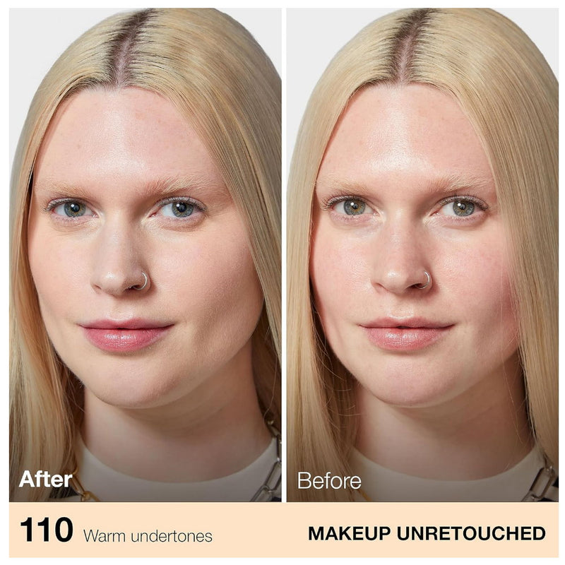 Side-by-side comparison of a woman's face labeled 'After' with warm undertones and 'Before' without makeup retouching.