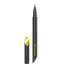 Maybelline New York liquid eyeliner pen in black with gold lettering, shown with its cap removed and placed beside it on a plain white background.