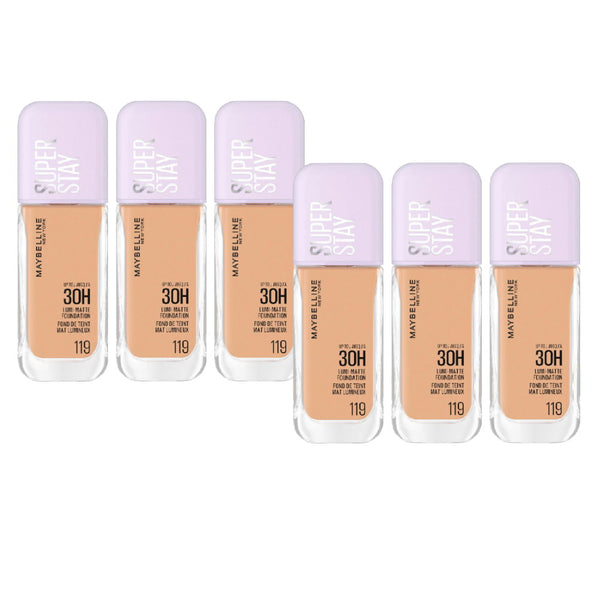 Set of Maybelline Super Stay foundation bottles on a white background