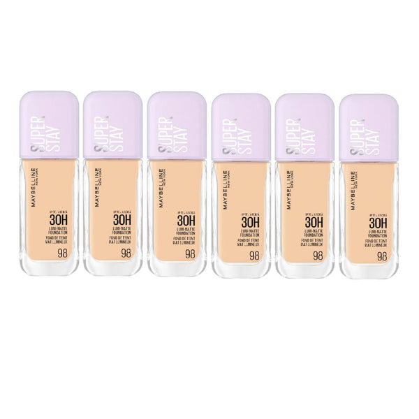 Six bottles of Maybelline Super Stay foundation on a white background