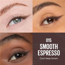 Maybelline Sculpting Stix Eyeliner 15 Smooth Espresso - Four-panel close-up of eyes wearing defined black winged eyeliner, with a dark brown text panel reading '015 SMOOTH ESPRESSO Cool deep brown'.