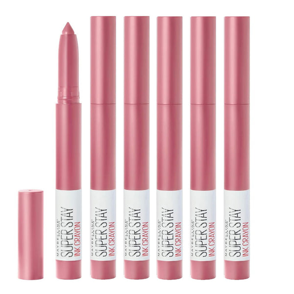 Set of pink Super Stay ink crayons on a white background