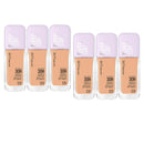 Set of six Maybelline Super Stay foundation bottles on a white background