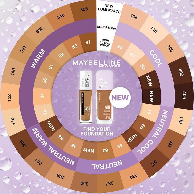 Maybelline New York foundation color wheel on a purple background