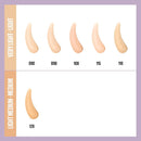 Concealer swatch chart with shades labeled on a light purple background
