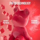 Red teddy bear with text on a red background