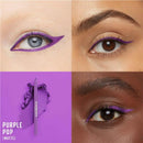 Collage of eyes with purple eyeliner, including a product image of a purple eyeliner pencil. Maybelline Tattoo Gel Pencil Eyeliner Purple Pop