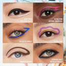 Six-panel makeup look collage showing different eyeshadow colors applied to eyes, with text labels: Deep Onyx Polished White, Ultra Pink Intense Charcoal, Galactic Cobalt, Purple Pop, Smooth Walnut, and Striking Navy Metallic Nights. Maybelline Tattoo Gel Pencil Eyeliner 
