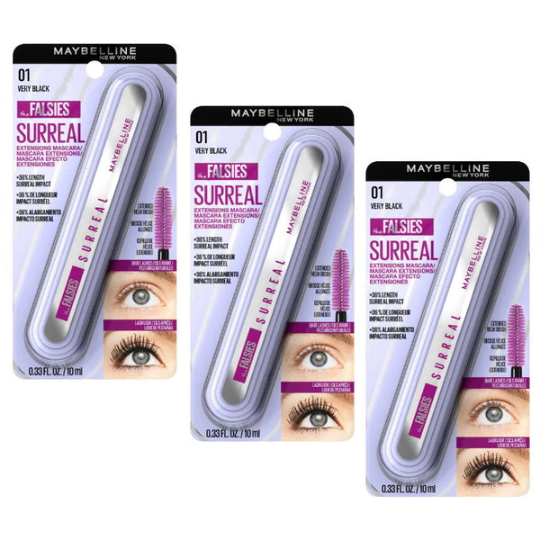 3pk Maybelline The Falsies Surreal Extensions Mascara - 01 Very Black Washable (carded)