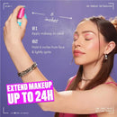 Person using a setting spray with text on how to use it, set against a purple background.