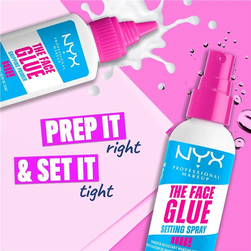 NYX The Face Glue setting spray on a pink background with text.