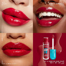 Promotional image of NYX lip gloss with close-ups of red lips and product packaging.
