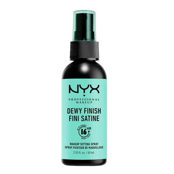 NYX Dewy Finish makeup setting spray bottle on a white background