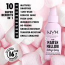 NYX Marshmallow Setting Spray with product benefits listed on a pink background