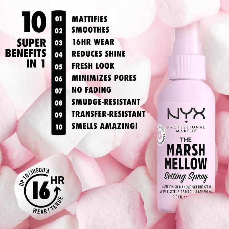 NYX Marshmallow Setting Spray with product benefits listed on a pink background