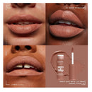 Four-panel NYX Cosmetics Smooth Whip matte lip cream advertisement showing close-up views of lips wearing the nude pink-brown lip color, plus the product tube and applicator on a mauve-taupe background.
