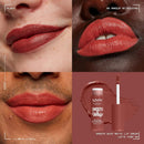 Four-panel NYX Cosmetics Smooth Whip matte lip cream advertisement showing close-up lips wearing the shade, the lip stick tube, and the applicator on a mauve background.
