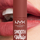 NYX Smooth Whip lipstick applied on lips with visible branding - NYX Smooth Whip Matte Lip Cream Latte Foam