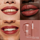 NYX Professional Makeup Smooth Whip Matte Lip Cream 23 Laundry Day Four-panel collage showing close-up lips wearing a matte rosy nude lipstick, plus the NYX Cosmetics Smooth Whip tube and applicator on a dusty mauve background. Text reads 'NO MAKEUP RETOUCHING' and 'SMOOTH WHIP MATTE LIP CREAM LAUNDRY DAY 20.
