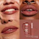 Lipstick shade comparison with NYX Smooth Whip Matte Lip Cream in Teddy Fluff 84 on a brown background.