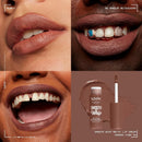 Lipstick color swatch with close-up of lips, NYX Smooth Whip lip cream packaging, and retouching options. NYX Smooth Whip Matte Lip Cream Memory Foam 