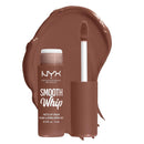 NYX Professional Makeup Smooth Whip Matte Lip Cream in a medium warm brown shade, shown with the tube, applicator wand, and a large product smear on a white background.