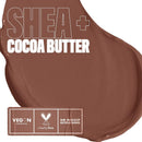 NYX Smooth Whip Matte Lip Cream Memory Foam - Shea and cocoa butter product with vegan, cruelty-free, and no makeup retouching labels on a brown background.