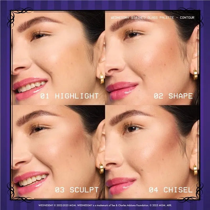 Makeup application process on a woman's face with different shades labeled 'Highlight', 'Shape', 'Sculpt', and 'Chisel'.