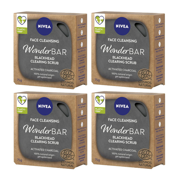 4x Nivea Face Cleansing Wonder Bar Blackhead Clearing Scrub With Activated Charcoal 75g