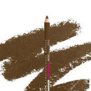 A brown makeup pencil standing vertically in front of large brown makeup swatches on a white background. The pencil is labeled NYX Professional Makeup Super Lustrous Lip Color. NYX Powder Louder Eyebrow Pencil 05 Soft Brown