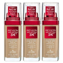 Three bottles of Revlon Age Defying 3X foundation in Soft Beige on a white background
