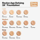 Revlon Age Defying 3X Foundation shade finder chart with various beige tones.