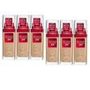 Six bottles of Revlon Age Defying 3X foundation on a white background