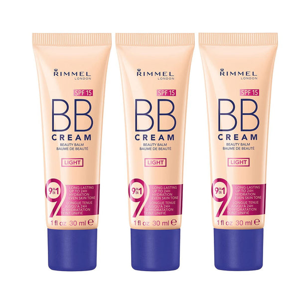 3 x Rimmel BB Cream 9 in 1 Beauty Balm SPF15 001 Light