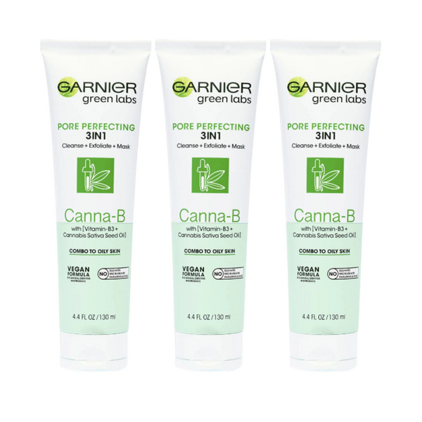 3x Garnier Green Labs Pore Perfecting 3 in 1 Cleanse Exfoliate Mask Canna B 130ml