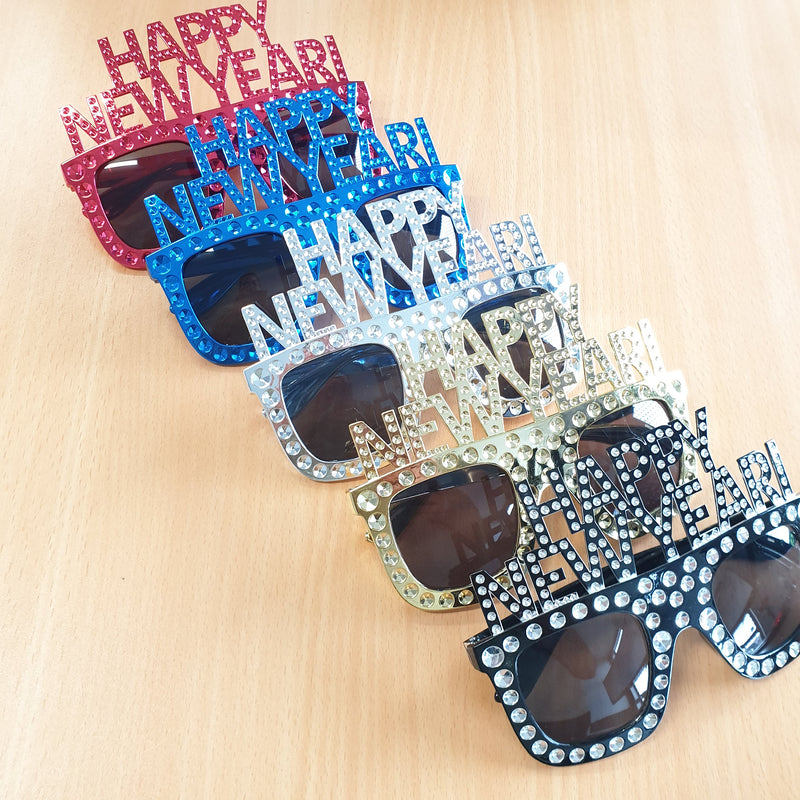 BLACK Happy New Year Diamante Party Sunglasses