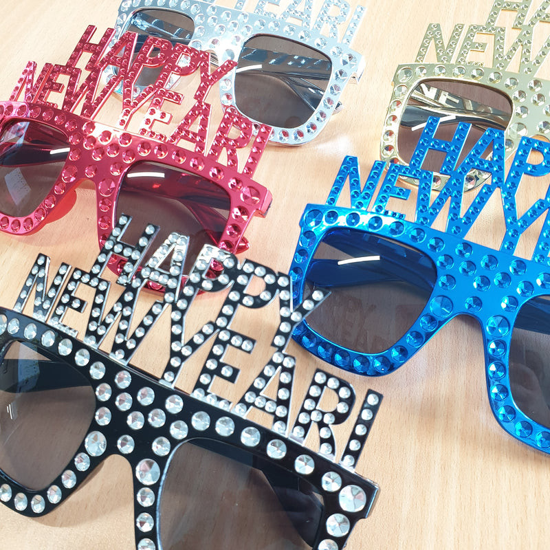BLACK Happy New Year Diamante Party Sunglasses