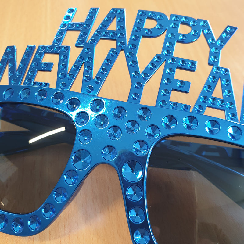 BLUE Happy New Year Diamante Party Sunglasses